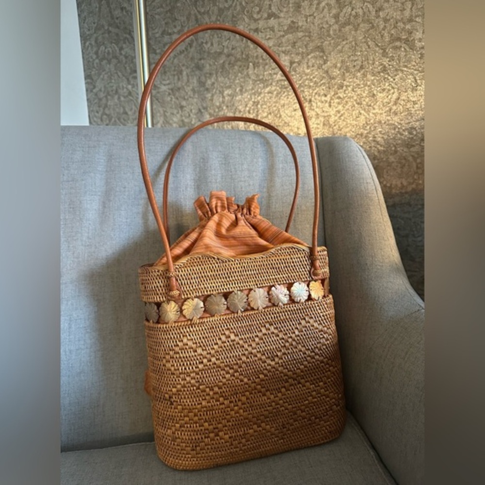 Handmade Bali-style Rattan Tote Bag with Drawstring Lining
